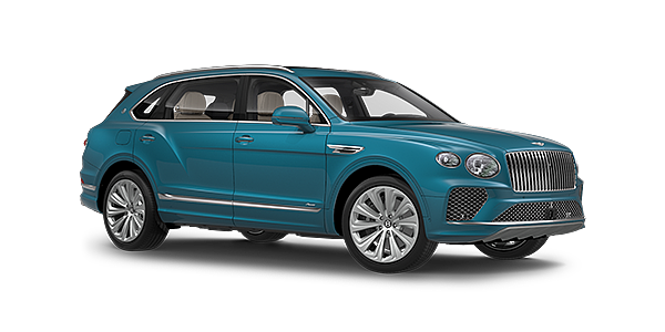 Bentley Nanjing Bentayga Extended Wheelbase Azure luxury SUV front three quarter in Topaz Blue by Mulliner paint